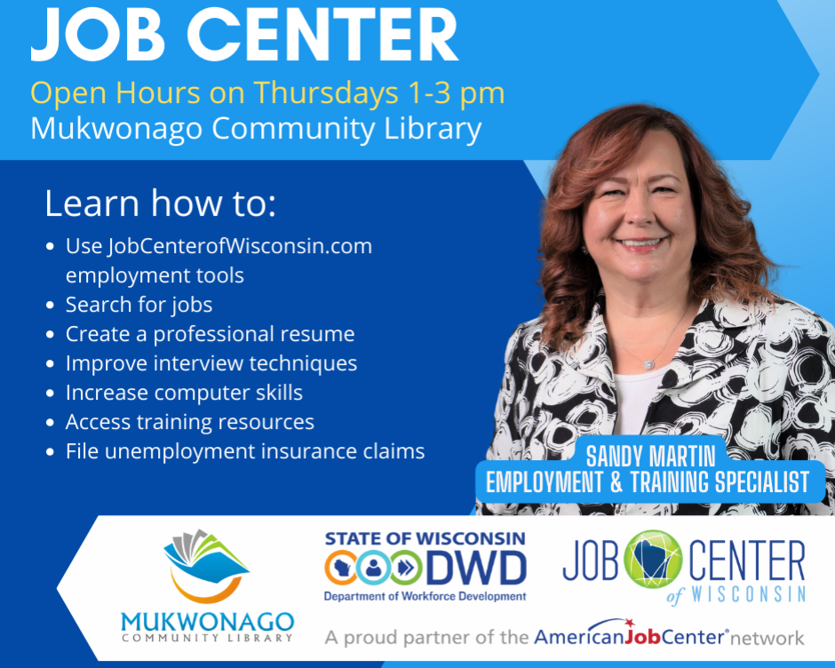 Graphic for the Job Center with information list and a photo of a smiling woman.